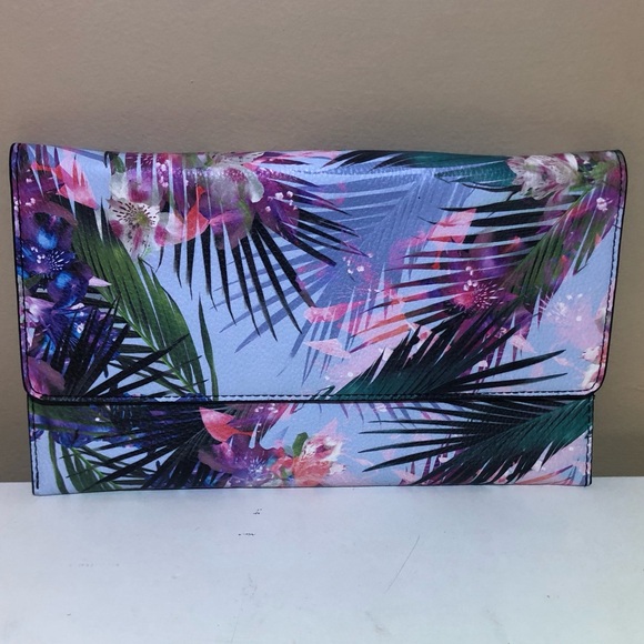 Tropical Floral & Palm Print Envelope Clutch with Gold Chain Strap - Picture 1 of 10
